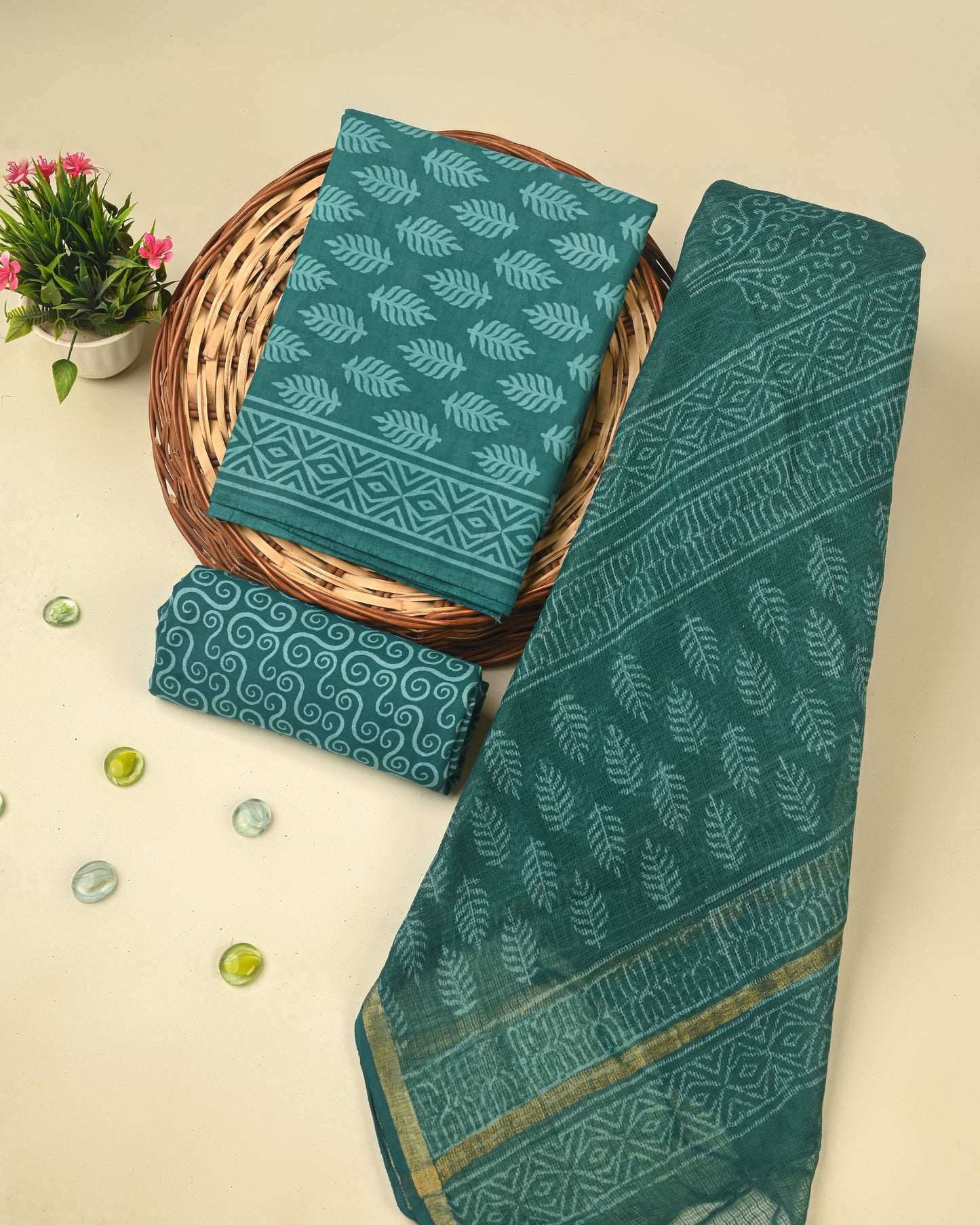 Hand Block Printed Cotton Suit With Kota Doria Dupatta