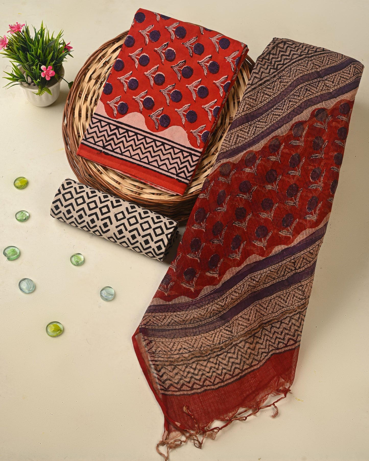 Exclusive Hand Printed Pure Cotton Suit With Kota Doria Dupatta