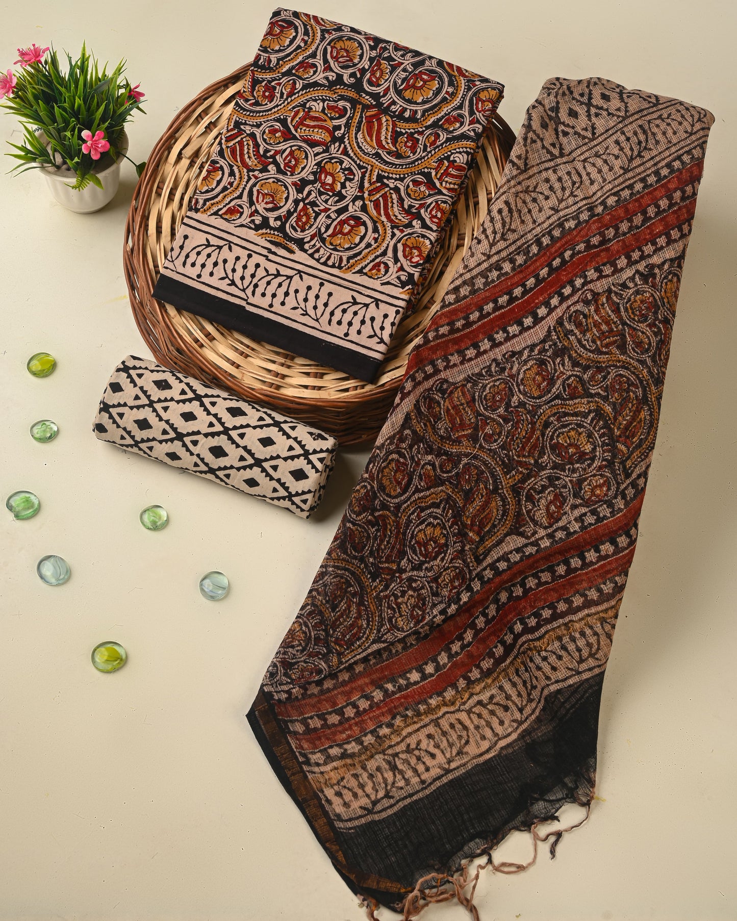 Bagru Hand Printed Organic Cotton Suit With Kota Doria Dupatta