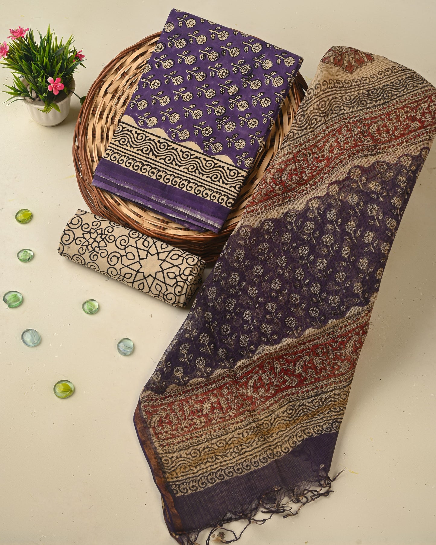 Exclusive Hand Printed Cotton Suit With Kota Doria Dupatta