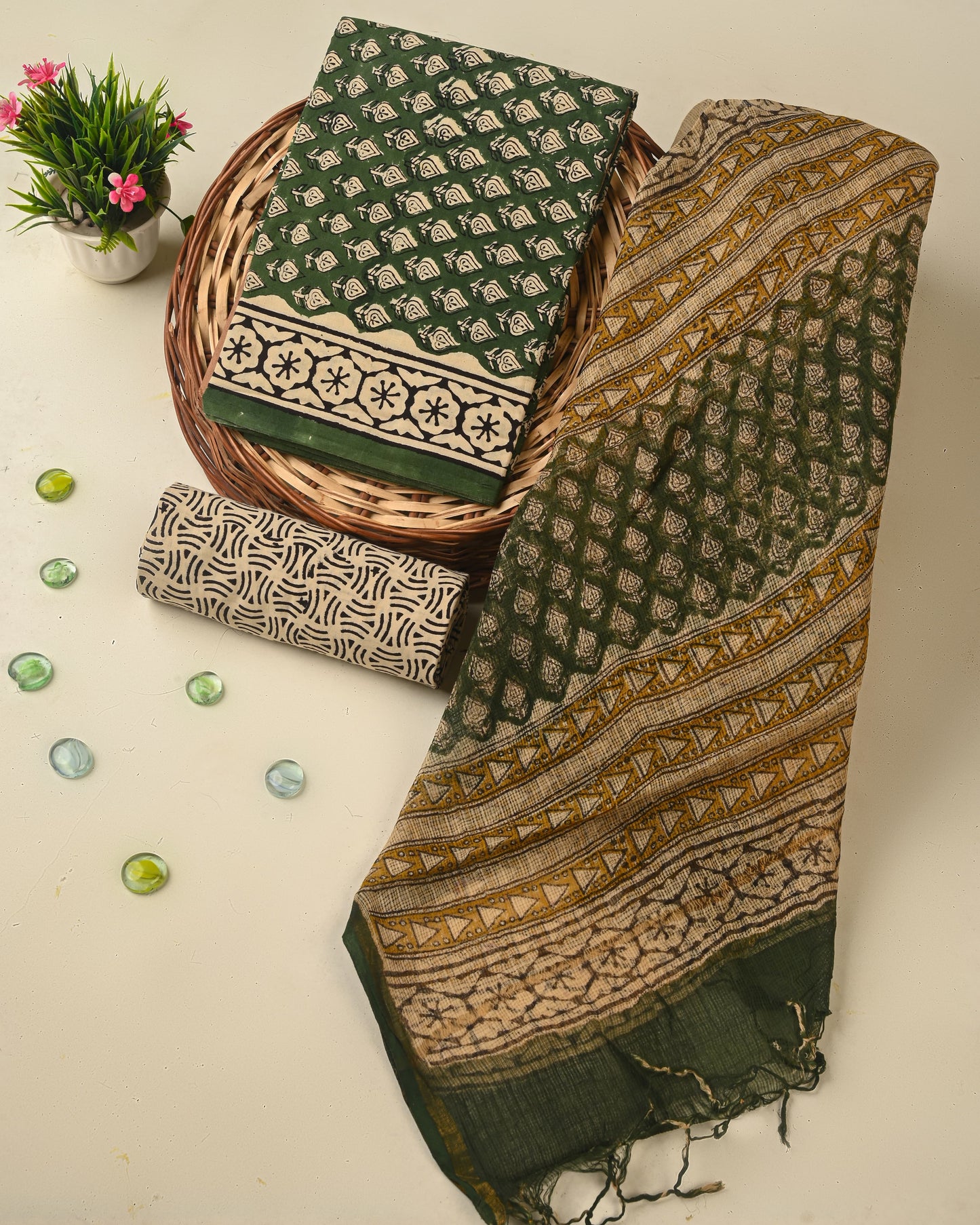 Hand Block Print Organic Cotton Suit With Kota Doria Dupatta