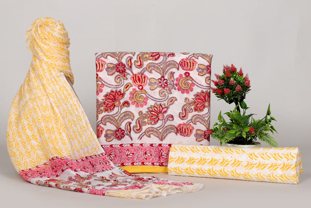 Hand Block Print Soft Cotton Suit With Chiffon Dupatta