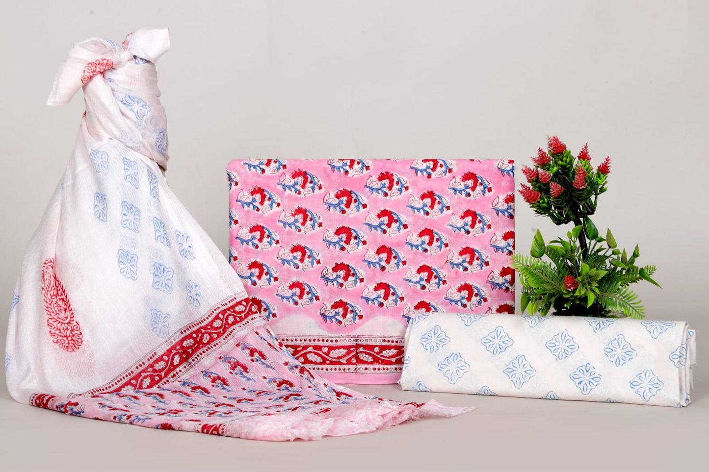 Pink Hand Block Print Cotton Suit With Chiffon Dupatta (50)