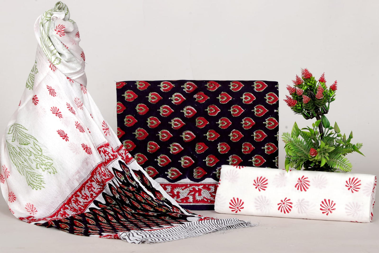 Primum Hand Block Print Cotton Suit With Chiffon Dupatta