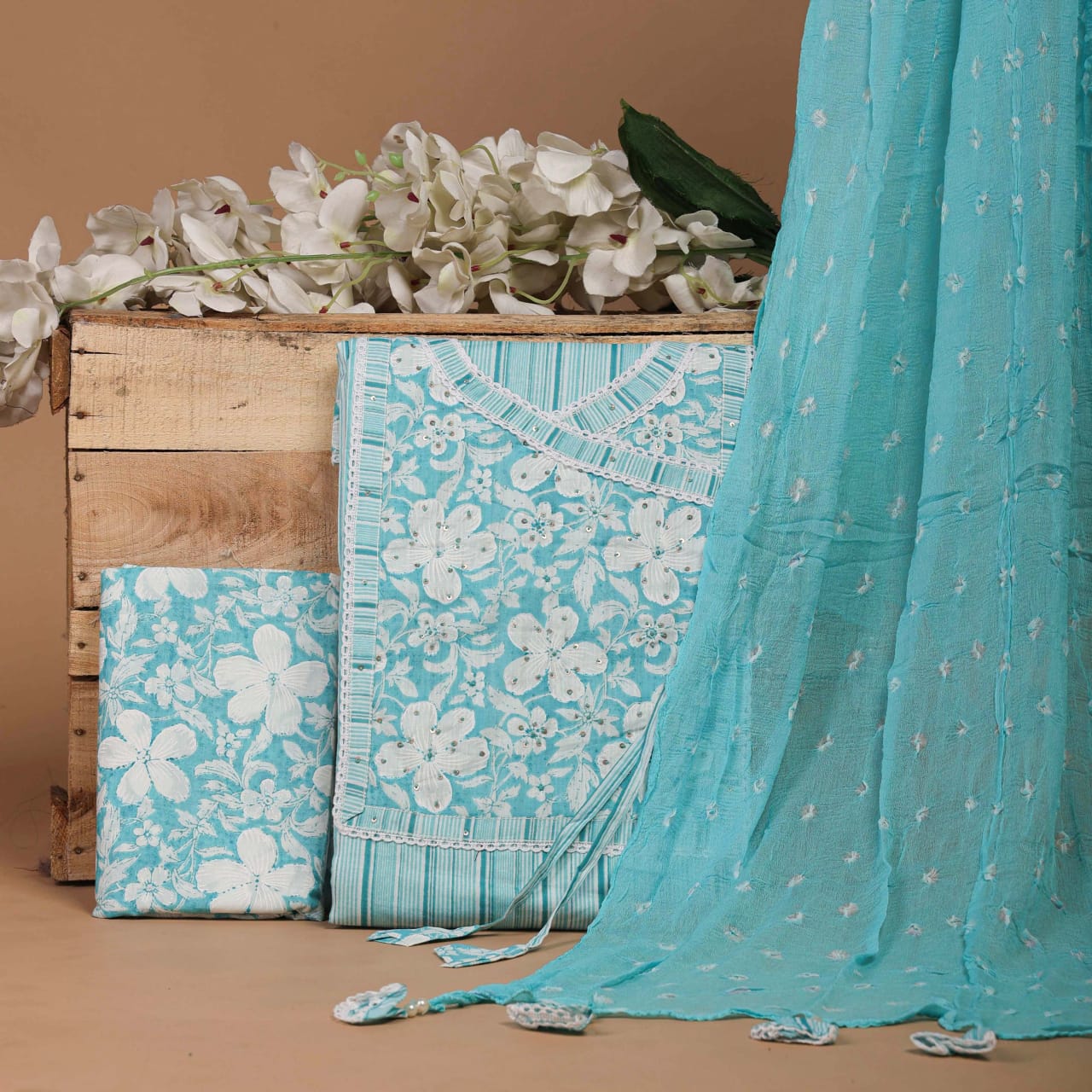 Cotton Gota Patti Work Suit With Chiffon Dupatta