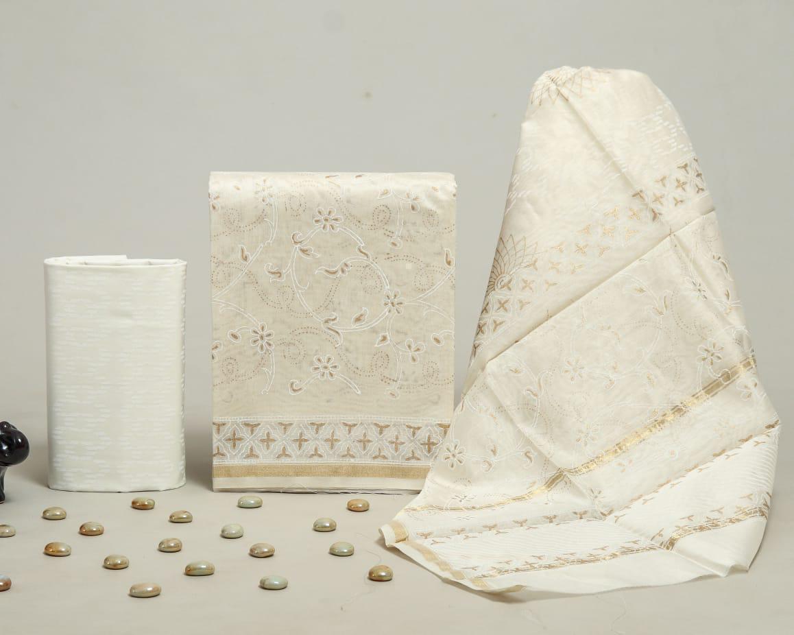 Sanganeri Print Chanderi Silk White Suit Set