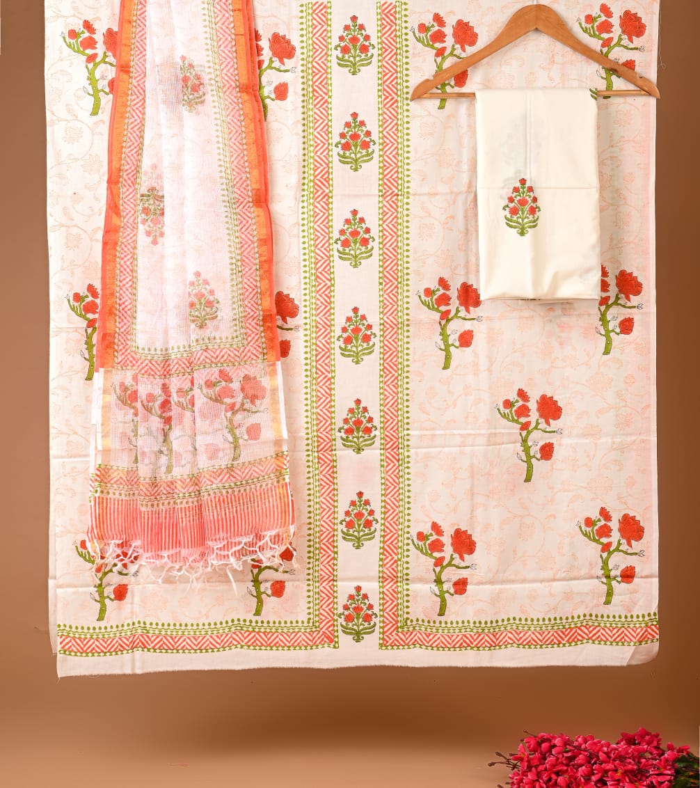 Hand Block Printed Cotton Suit With Kota Doriya Dupatta