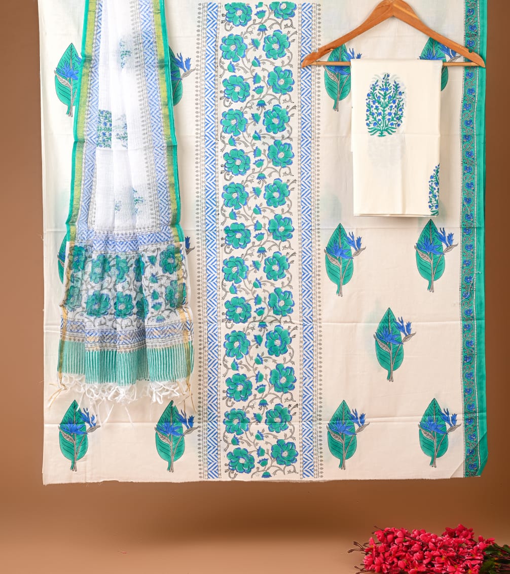 Premium Hand Block Printed Cotton Suit With Kota Doria Dupatta