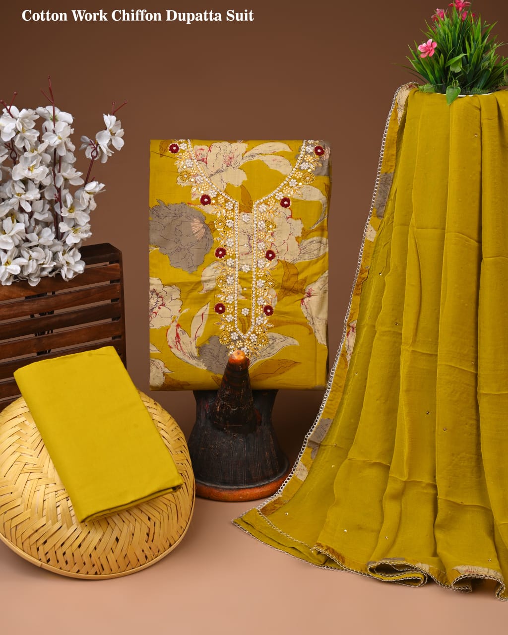 Exclusive Cotton Gota Patti work Suit With Chiffon Dupatta