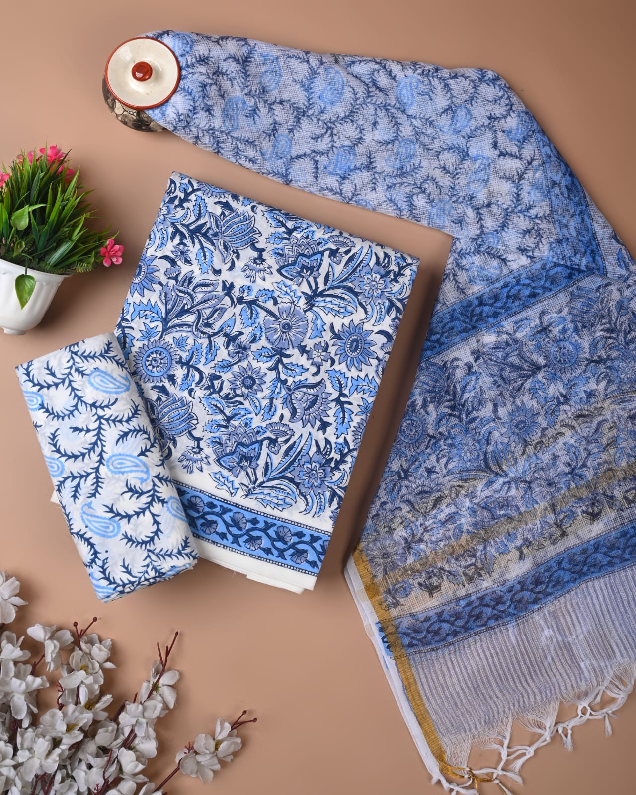 Sangneri Hand Block Printed Cotton Suit With Kota Doria Dupatta