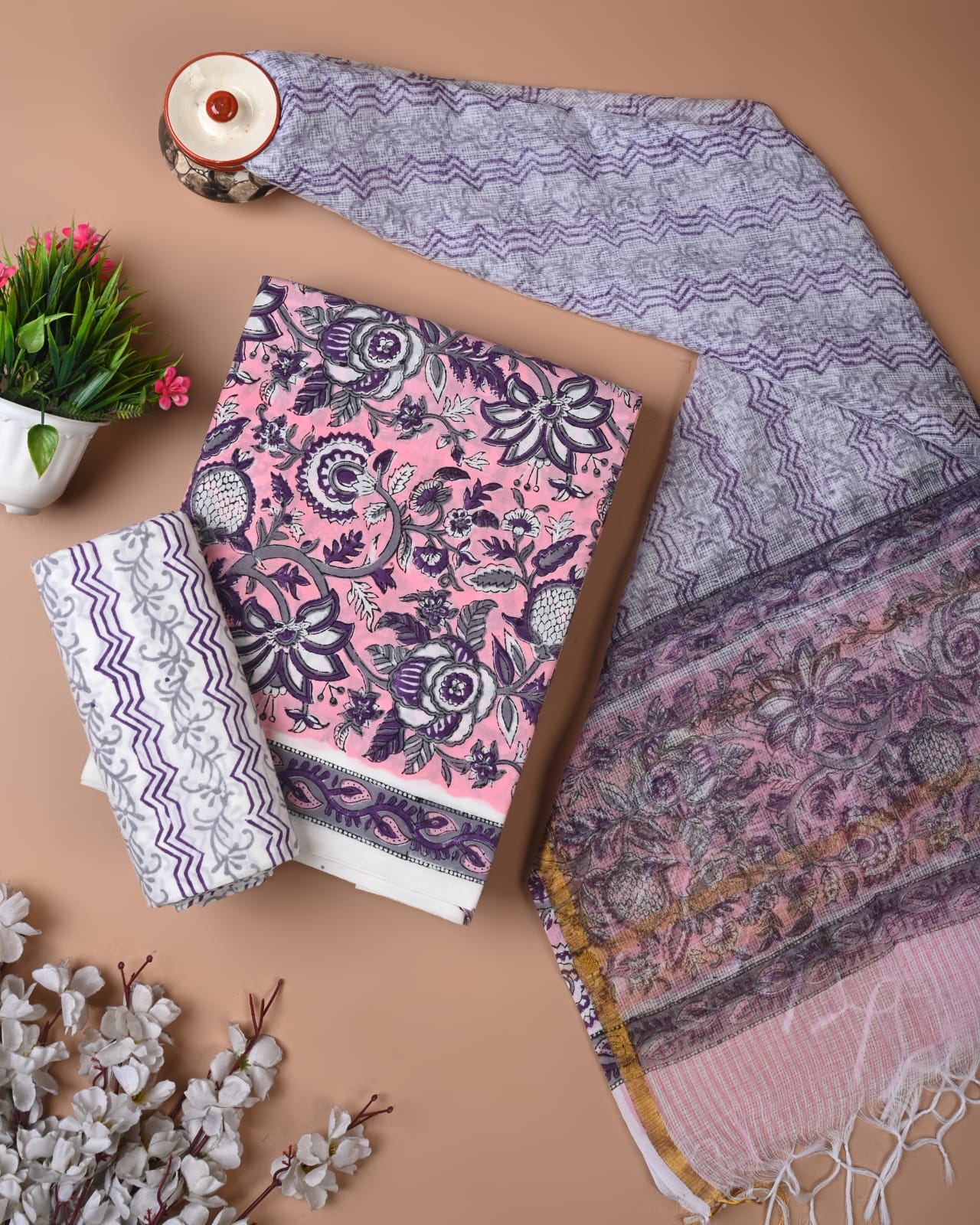 New Hand Block Printed Pure Cotton Suit With kota Doria Dupatta