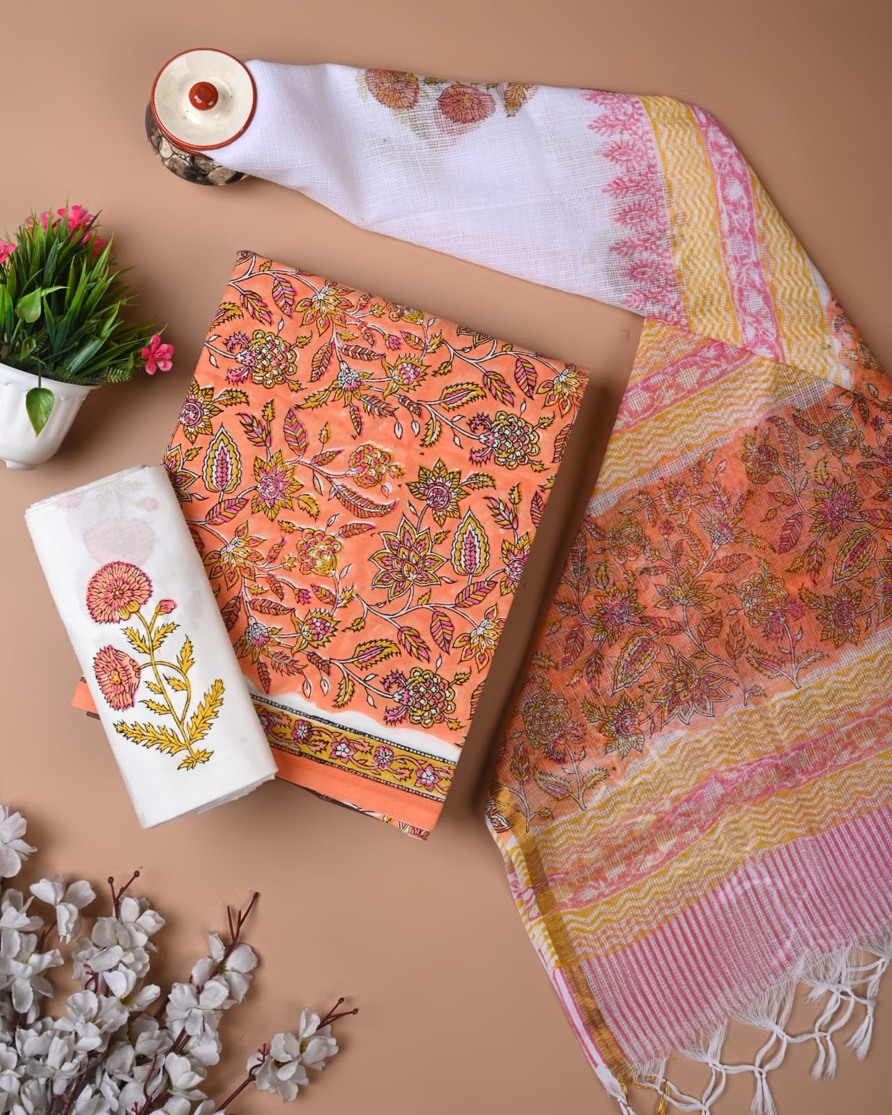 Orange Hand Block Print Cotton Suit With Kota Doria Dupatta