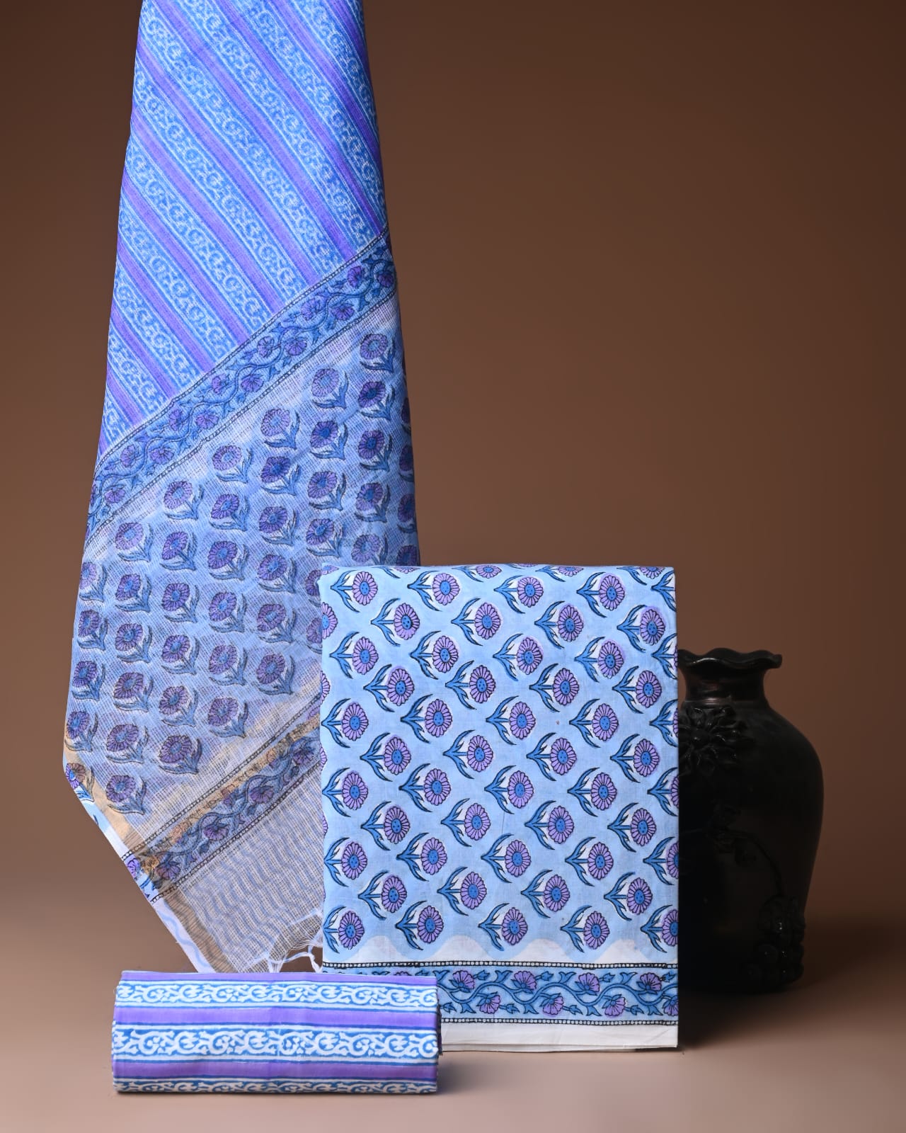 Blue Hand Block Printed Cotton Suit With Kota Doria Dupatta