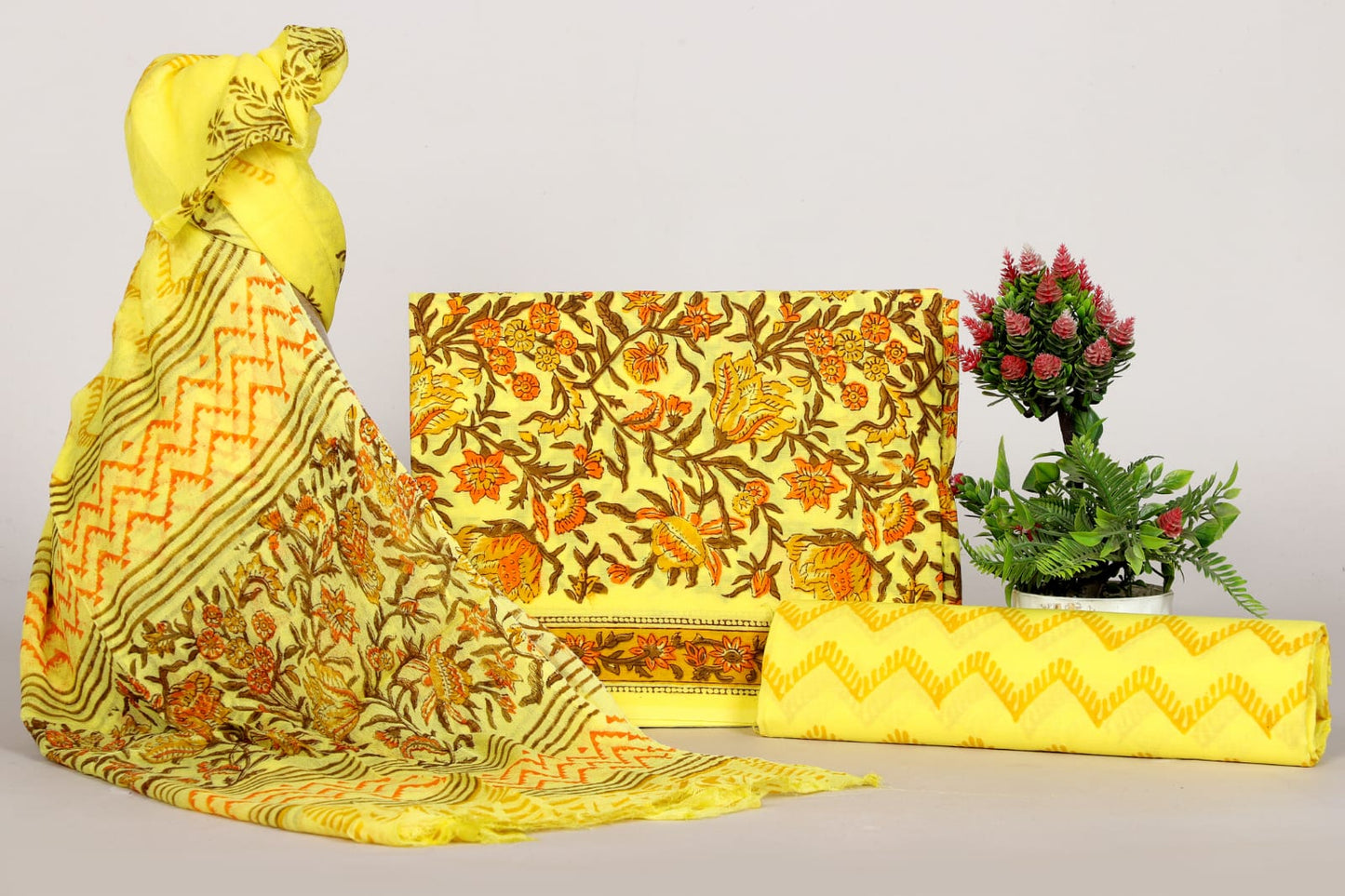 Yellow Bagru Hand Block Print Cotton Suit With Chiffon Dupatta