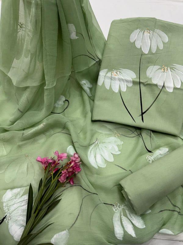 Green Hand Printed Cotton Suit With Chiffon Dupatta