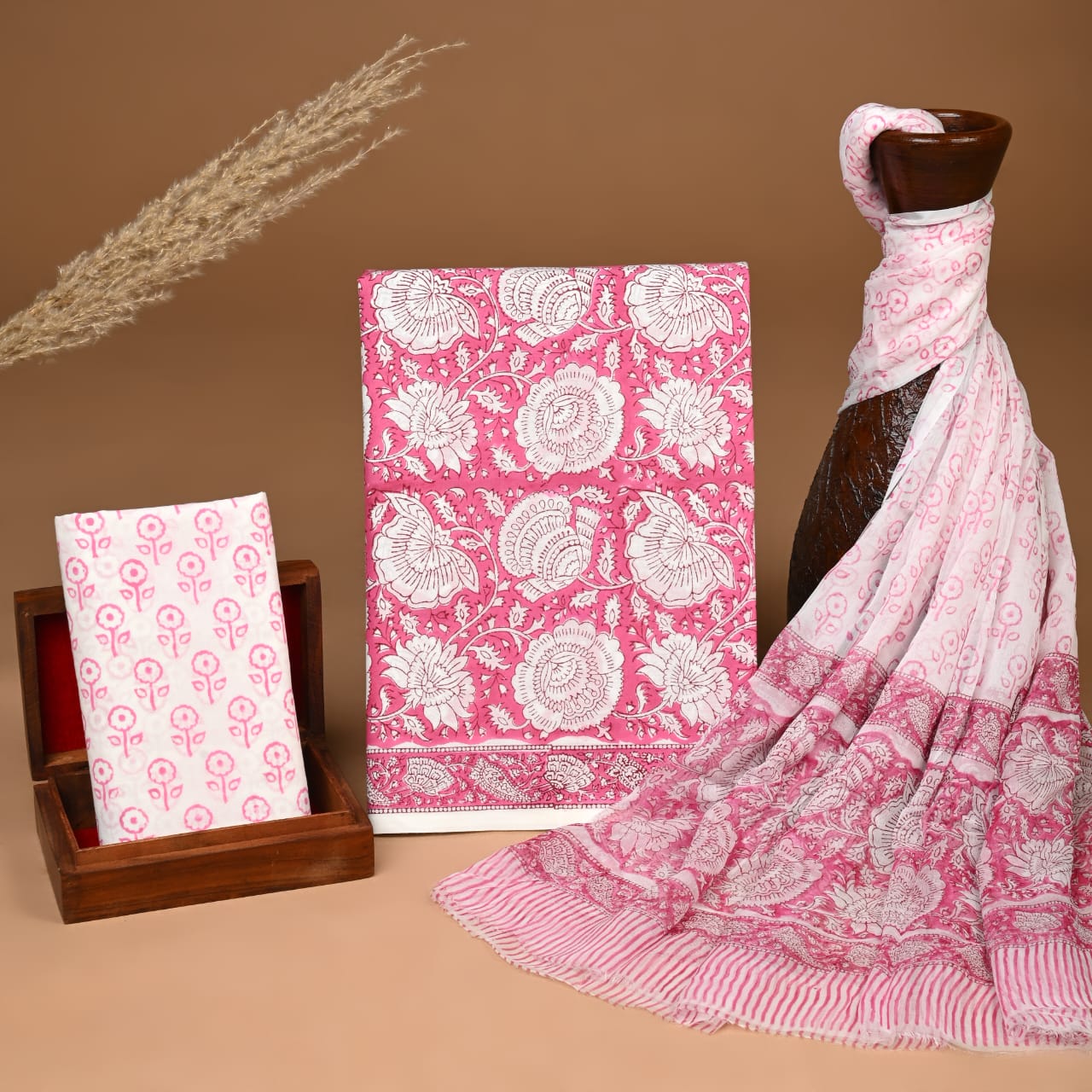 Hand Block Print Organic Cotton Suit With Chiffon Dupatta