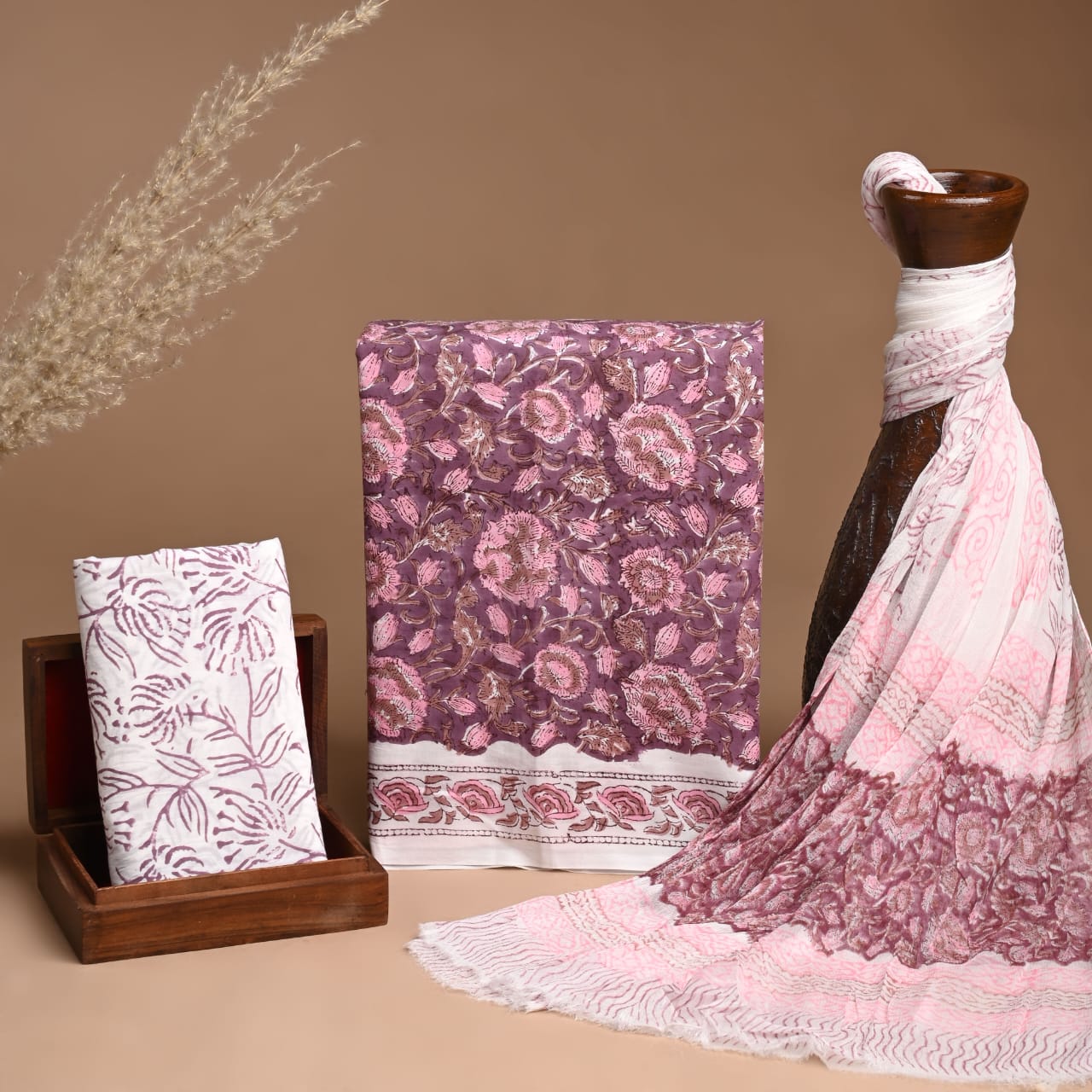 Hand Block Print Cotton Suit With Chiffon Dupatta