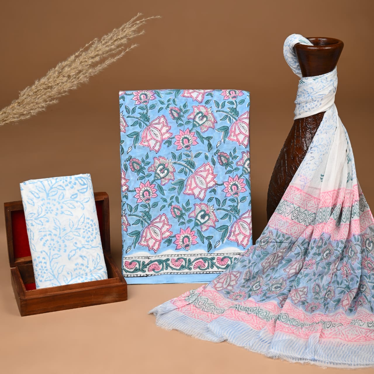 Premium Hand Block Print Pure Cotton Suit With Chiffon Dupatta