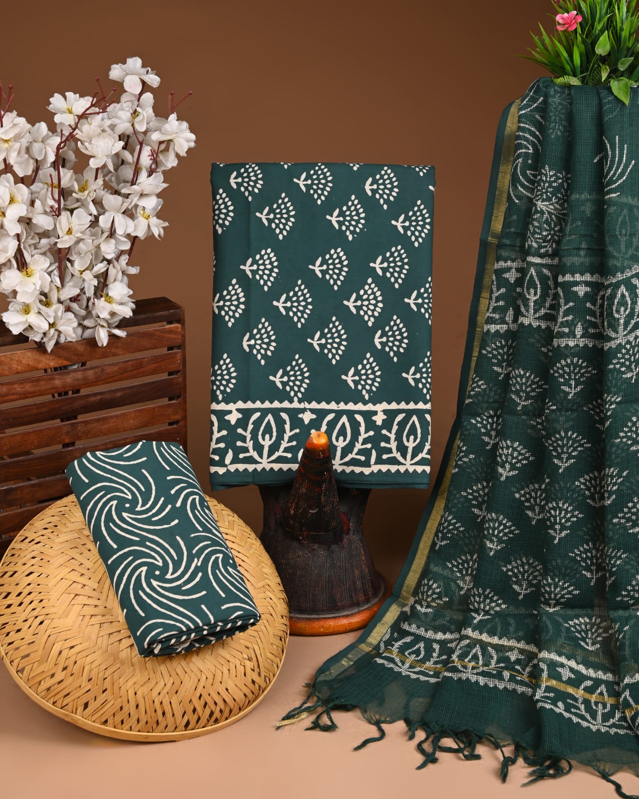 Hand Block Print Organic Cotton Suit With Kota Doria Dupatta