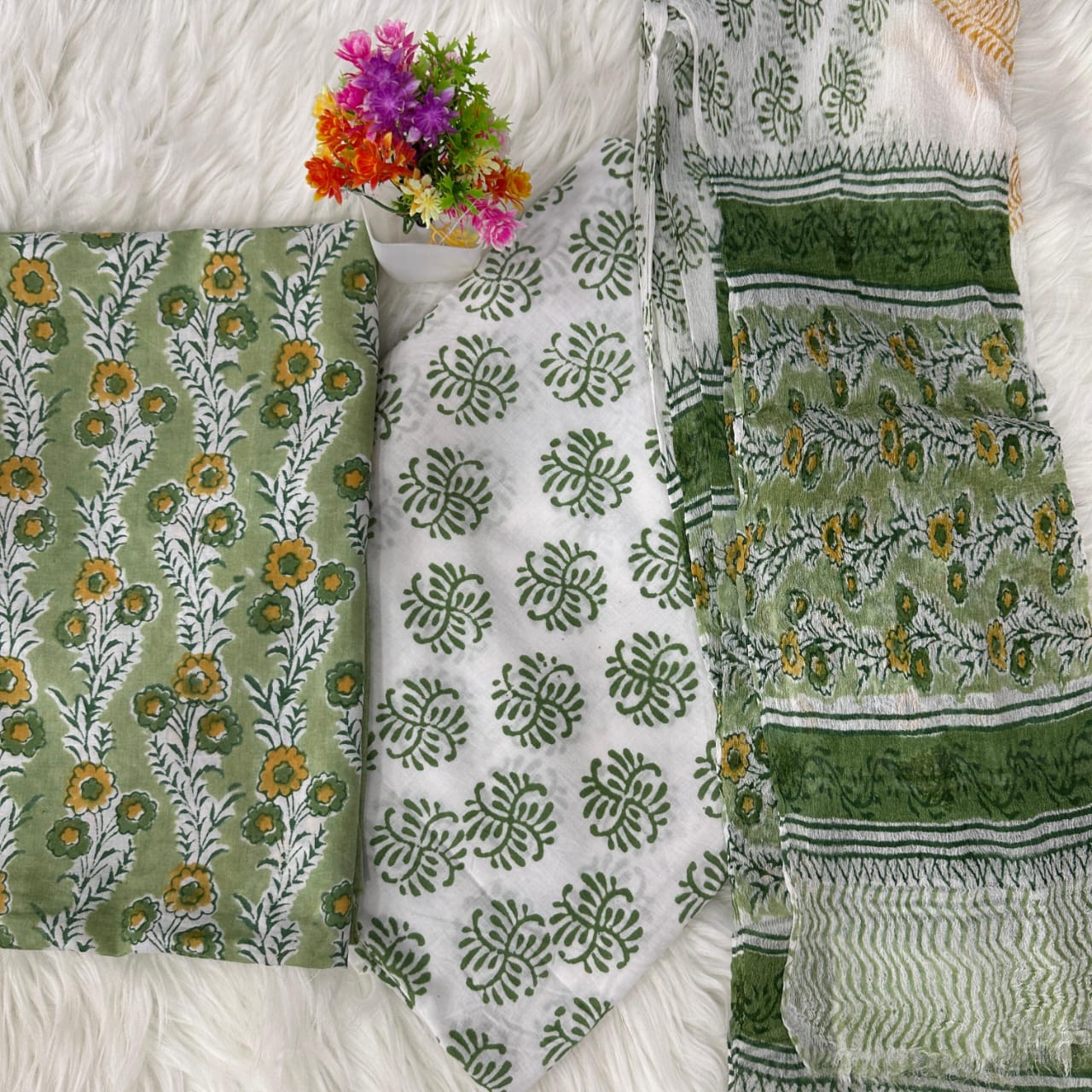 Premium Hand Printed Cotton Suit With Chiffon Dupatta