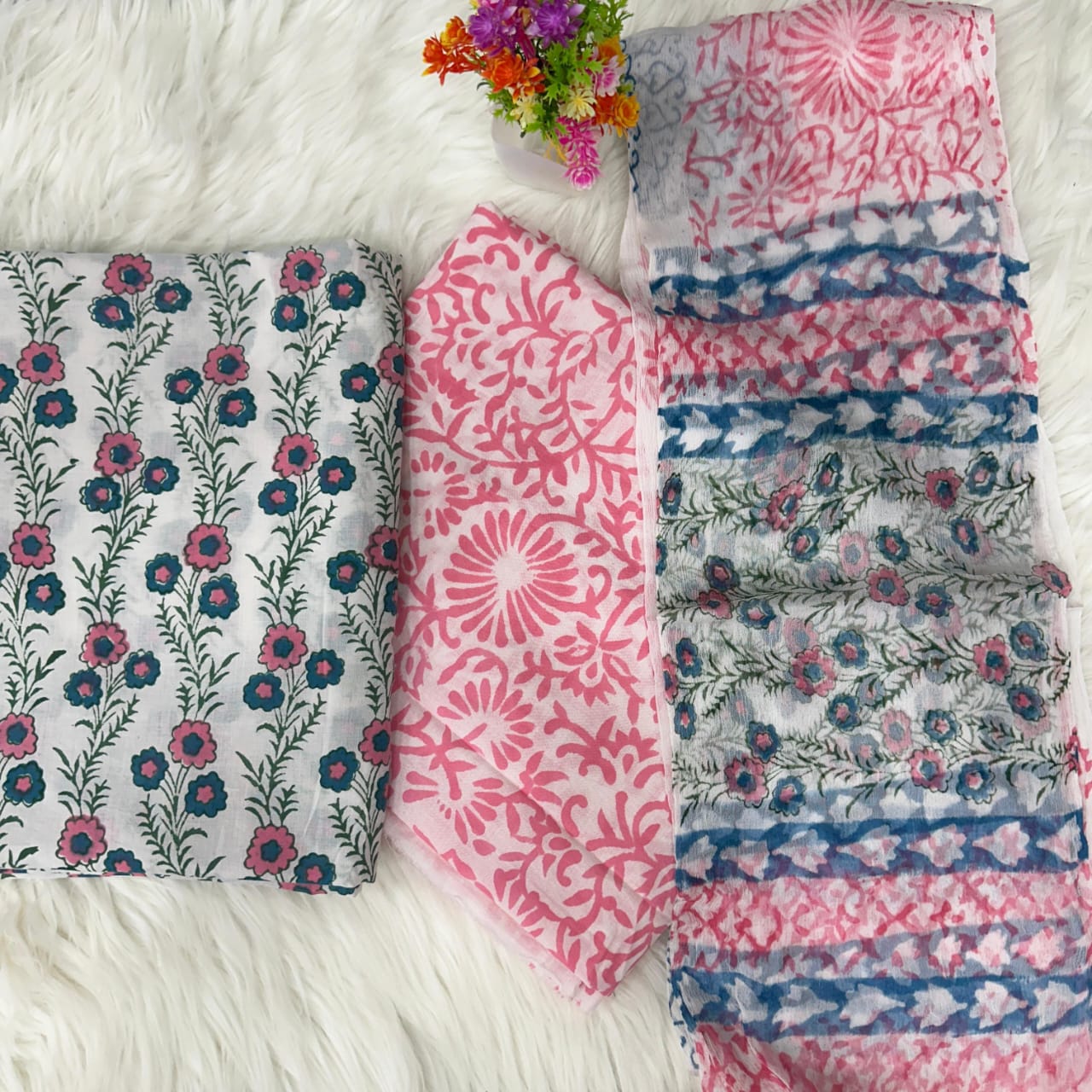 Hand Print Cotton Suit With Chiffon Dupatta