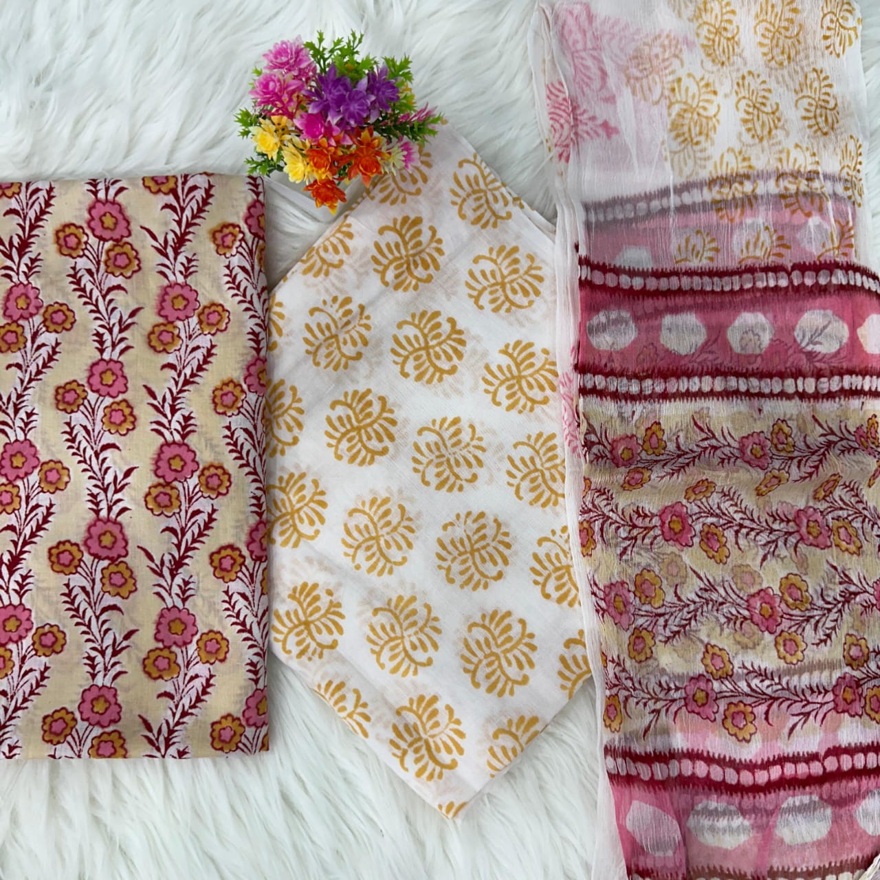 Exclusive Hand Printed Cotton Suit with chiffon Dupatta