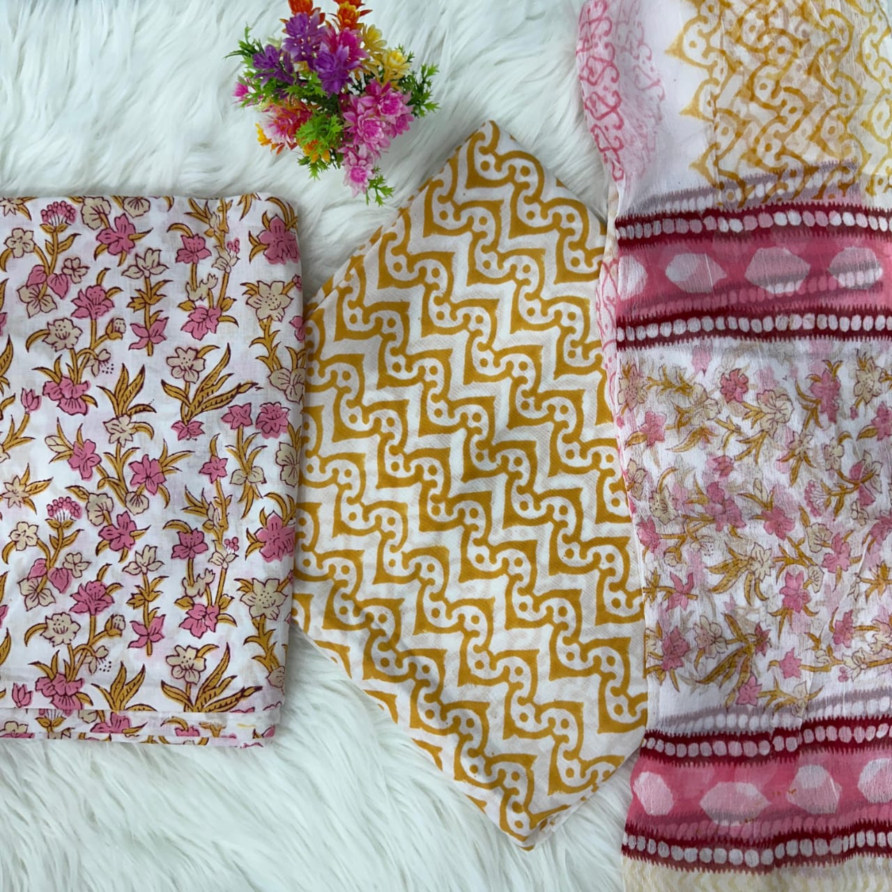 Premium Hand Printed Cotton Suit With Chiffon Dupatta