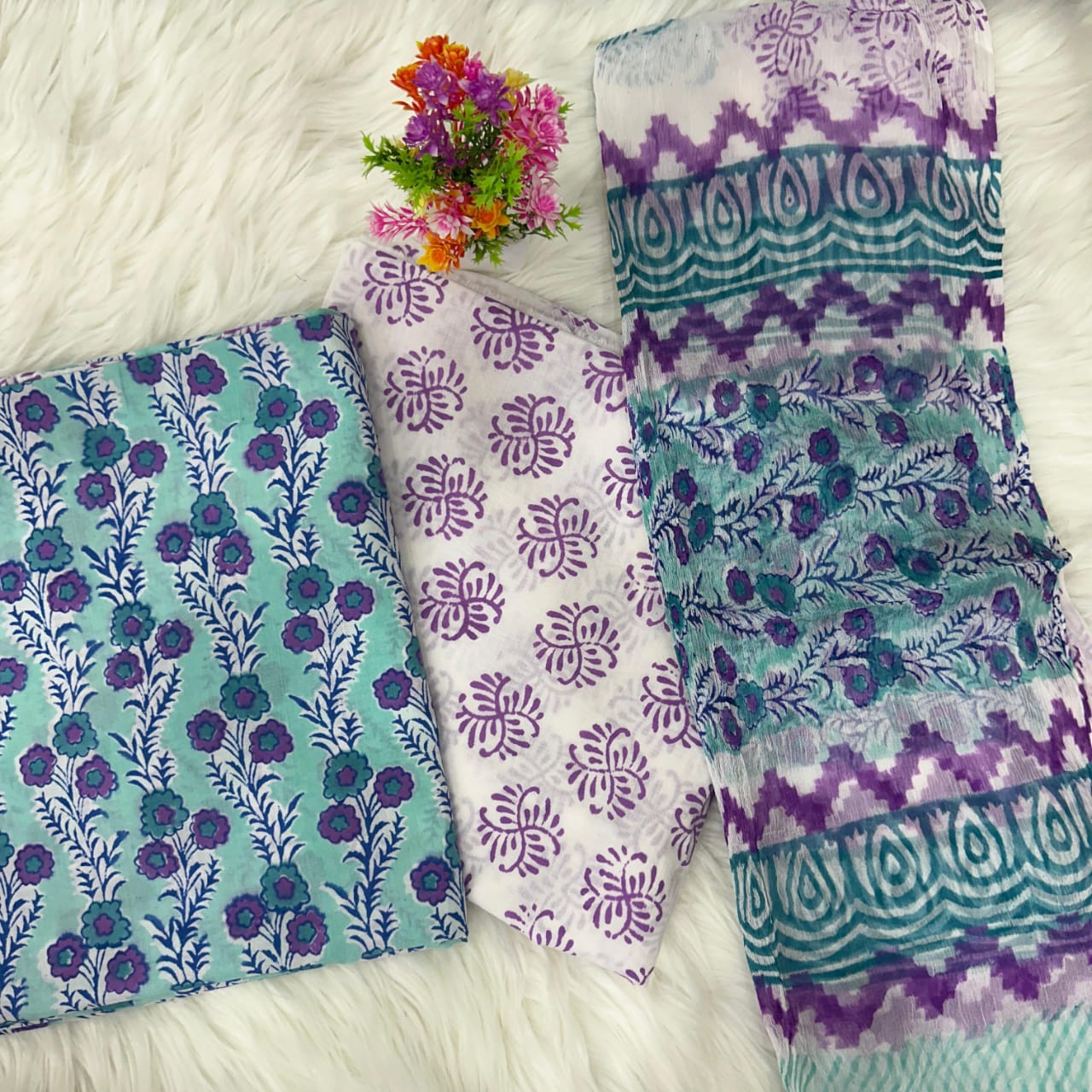 Premium Hand Print Cotton Suit With Chiffon Dupatta