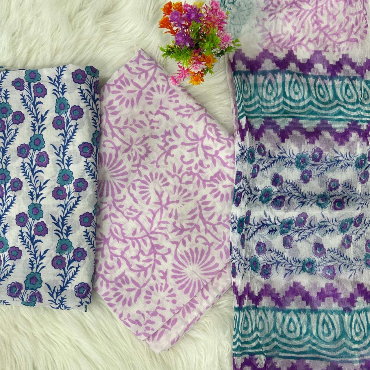 Premium Hand Print Cotton Suit With Chiffon Dupatta