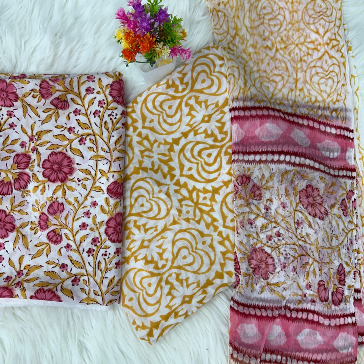 Exclusive Hand Print Cotton Suit With Chiffon Dupatta