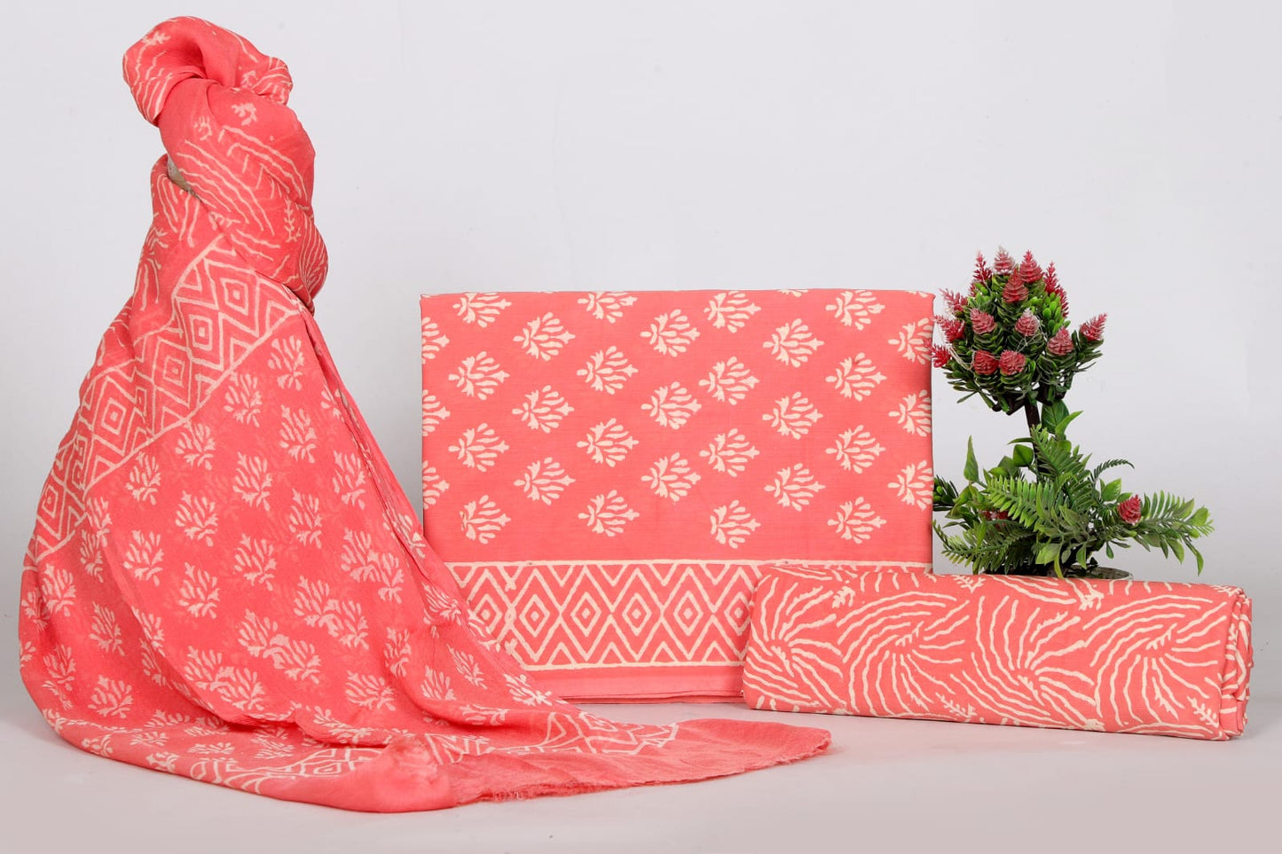 Orange Hand Block Print Organic Cotton Suit With Chiffon Dupatta (32)