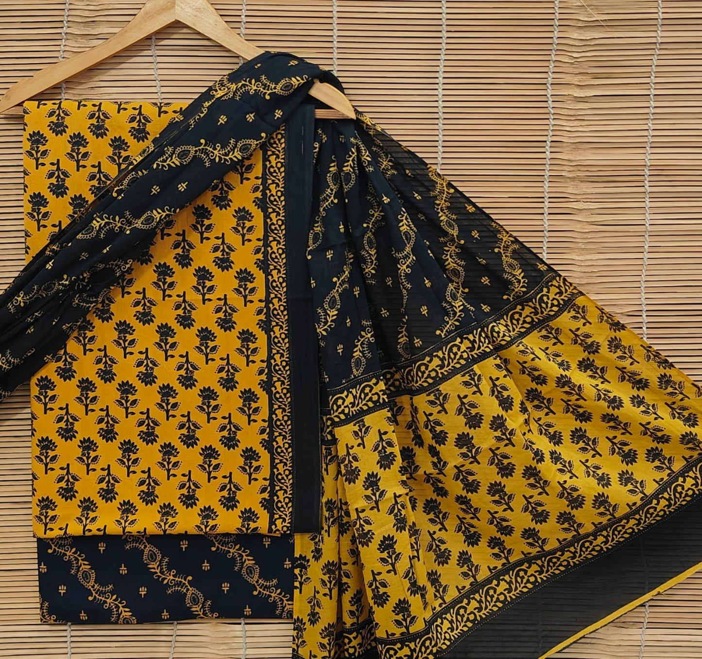 Hand Block Printed Cotton Suit Set With Mulmul Dupatta