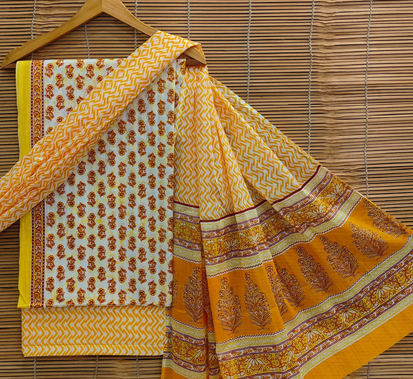 Hand Block print Cotton Suit With Mulmul Dupatta