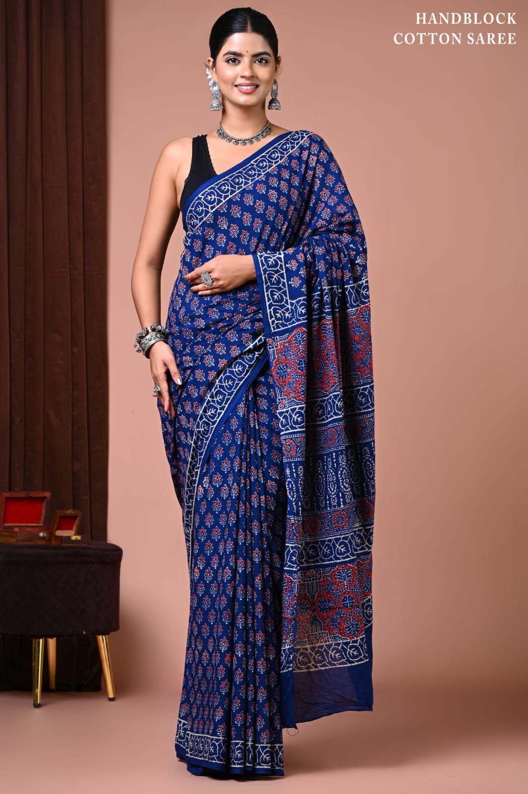 Traditional Hand Block Print Cotton Saree With Blouse