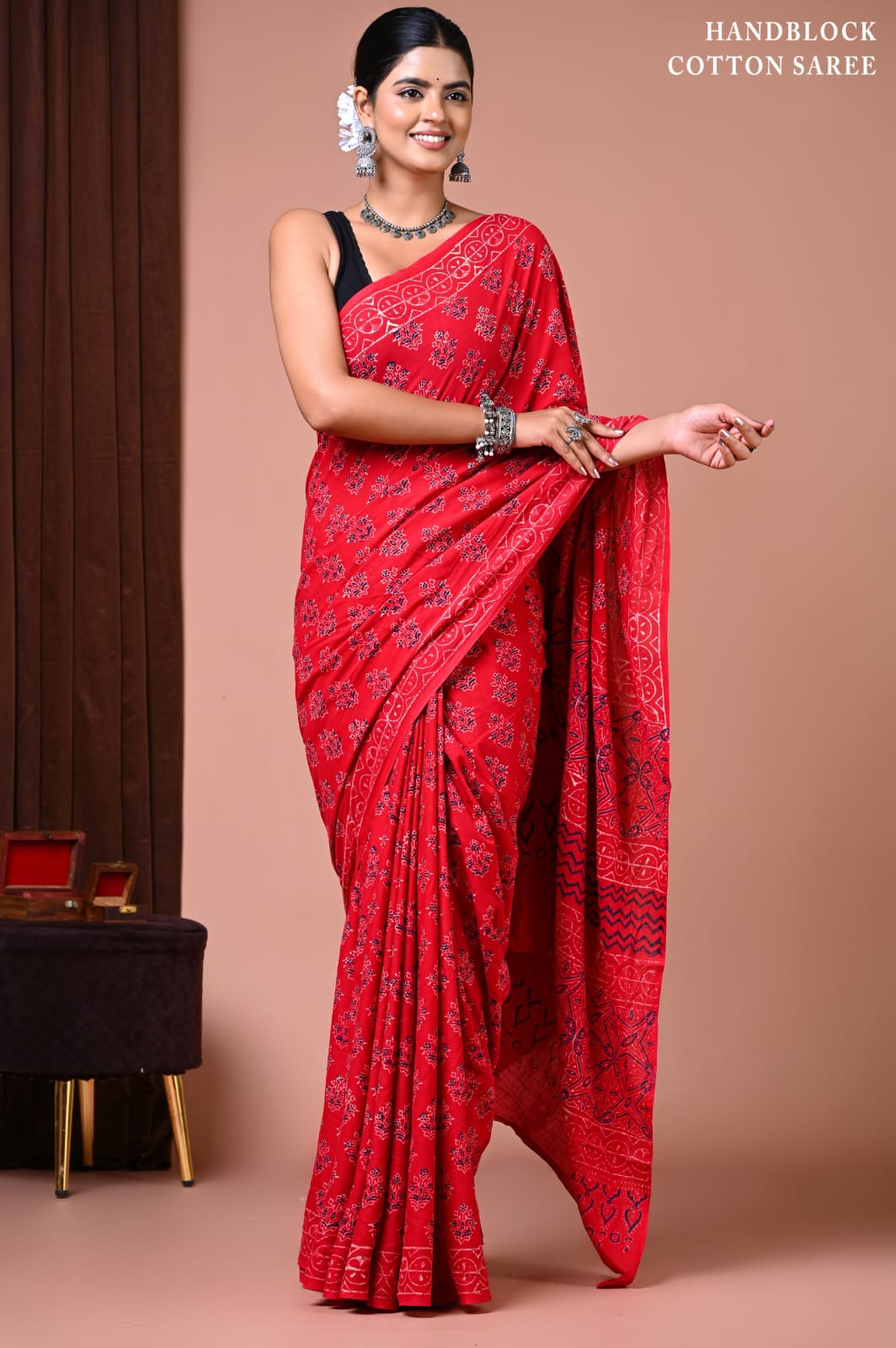 Indian Traditional Block Print Cotton Saree With Blouse Piece