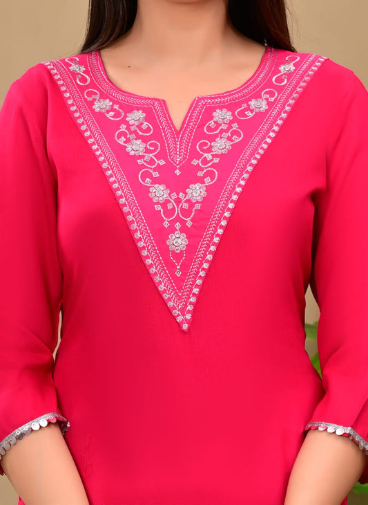 Coral Pink Rayon Embroidered Straight Kurta