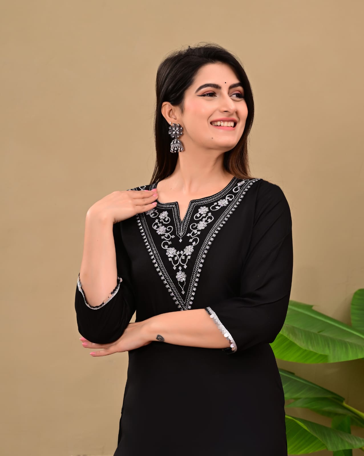 Coral Black Rayon Embroidered Straight Kurta