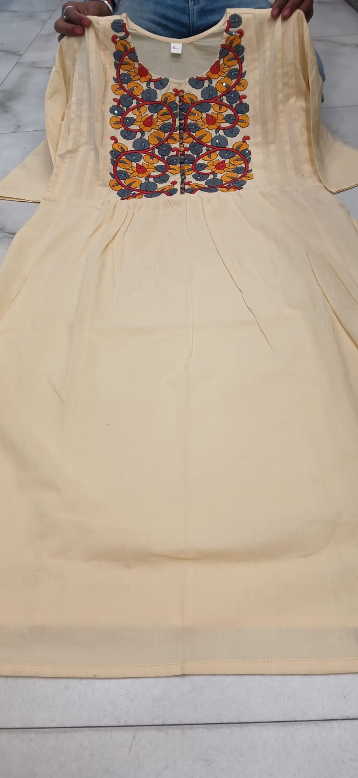 Elegant Cream Embroidered Cotton Suit Set with Printed Dupatta