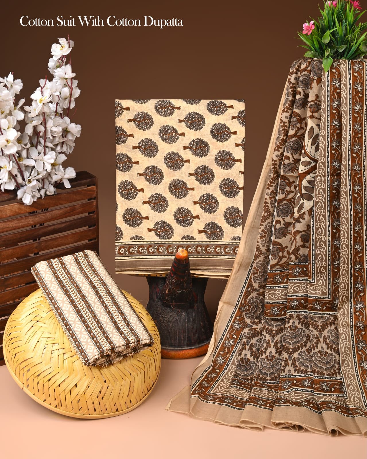Hand Block Printed Soft Cotton Suit Set With Mulmul Dupatta