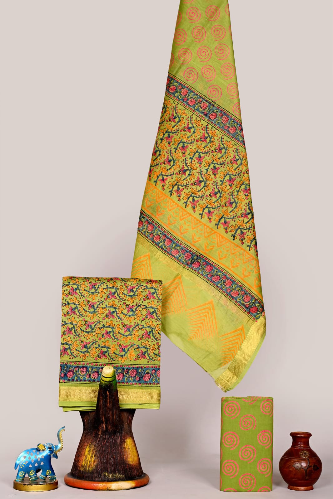 Premium Hand Block Printed Maheshwari Silk Zari Border Suit