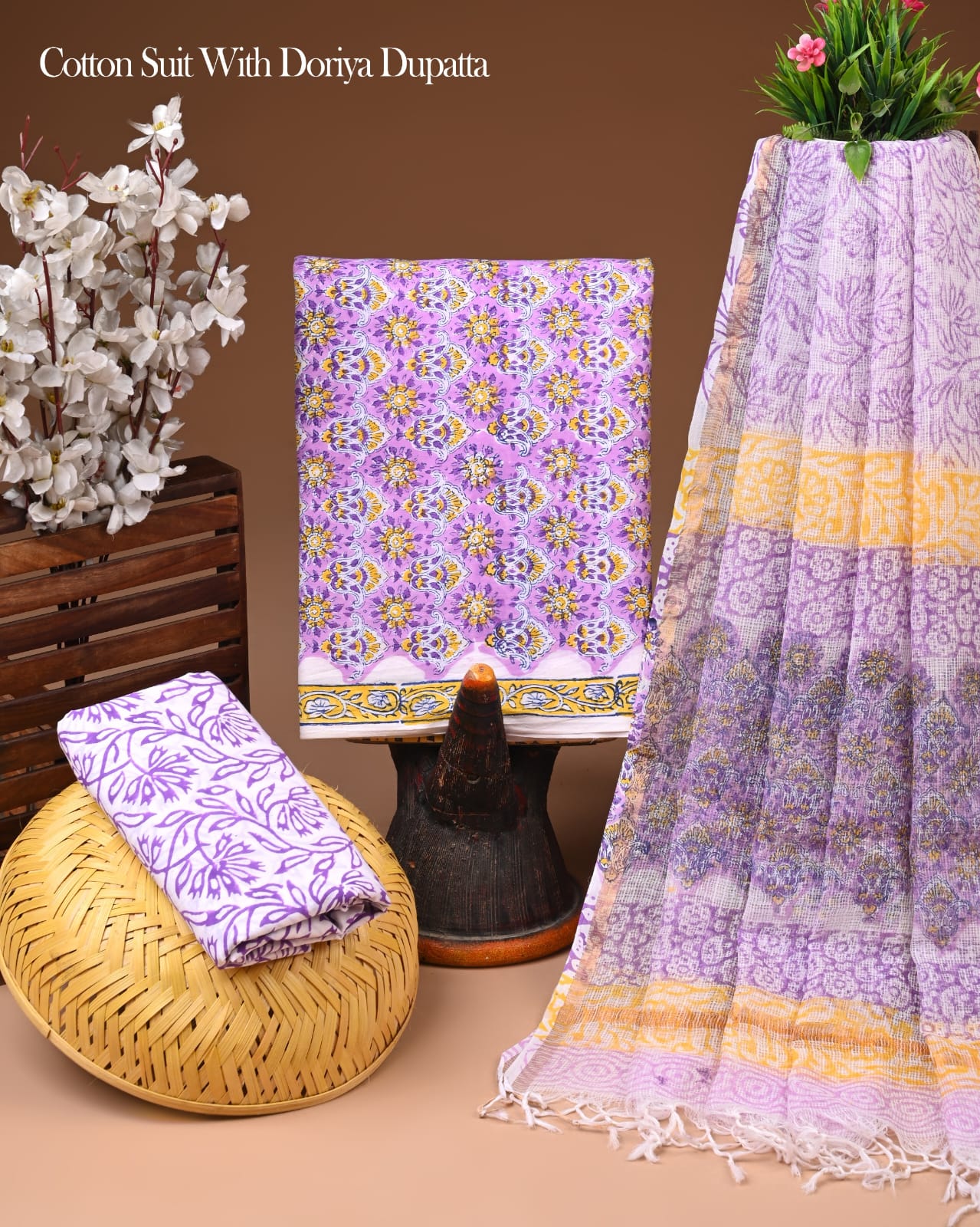 Exclusive Hand Printed Pure Cotton Suit With Kota Doria Dupatta