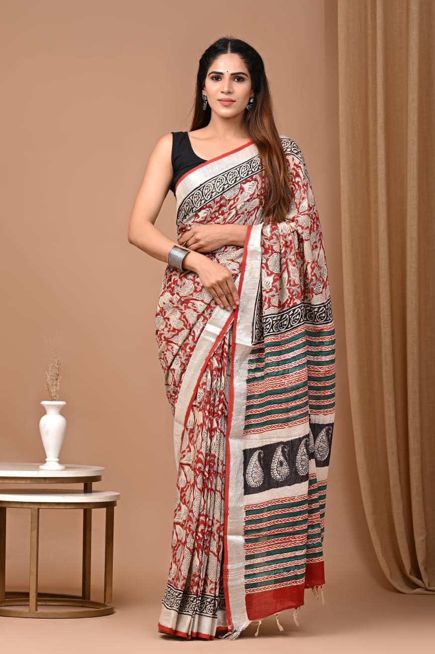 Pure Linen Saree With Heritage Prints
