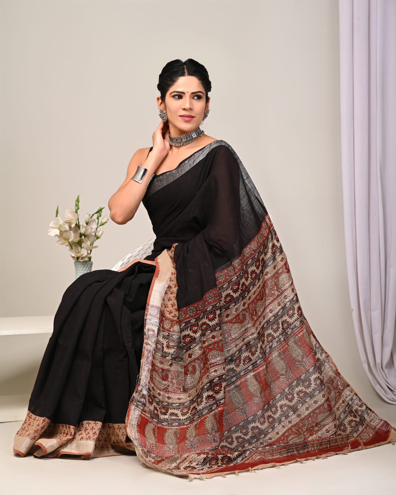 Premium Hand Block Printed Linen Saree