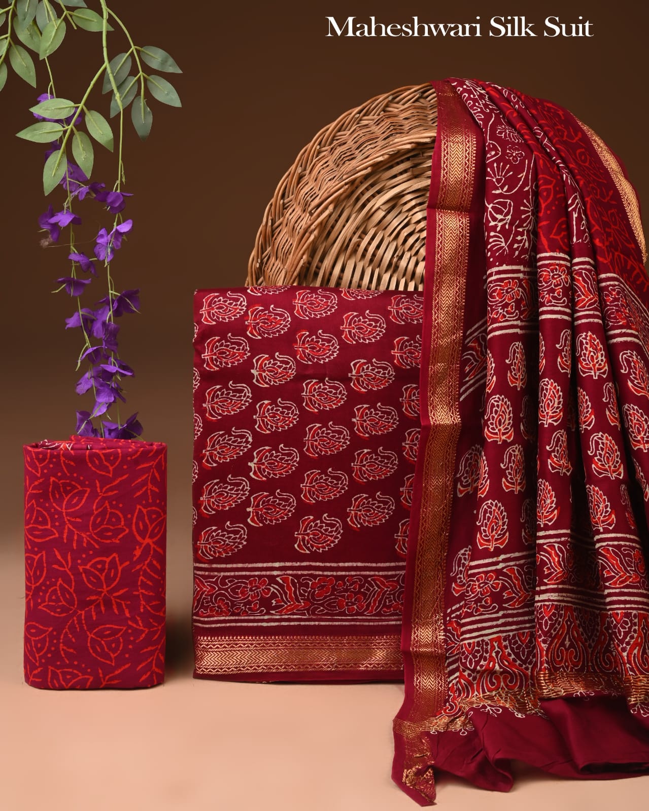 Bagru Hand Block Print Maheshwari Silk Suit