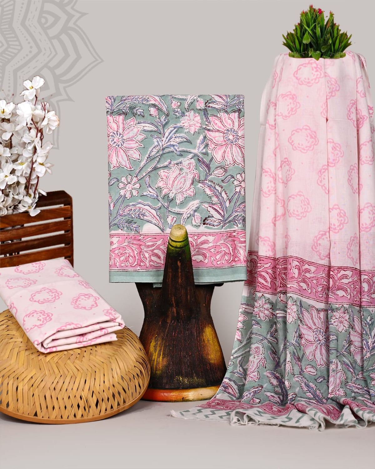Exclusive Hand Block Print Cotton Suit With Mulmul Dupatta