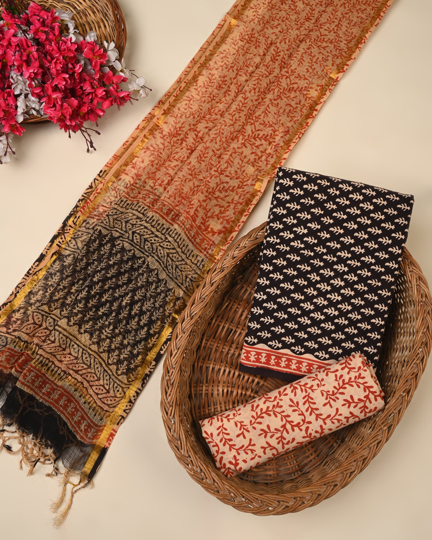 Premium Hand Printed Cotton Suit With Kota Doria Dupatta