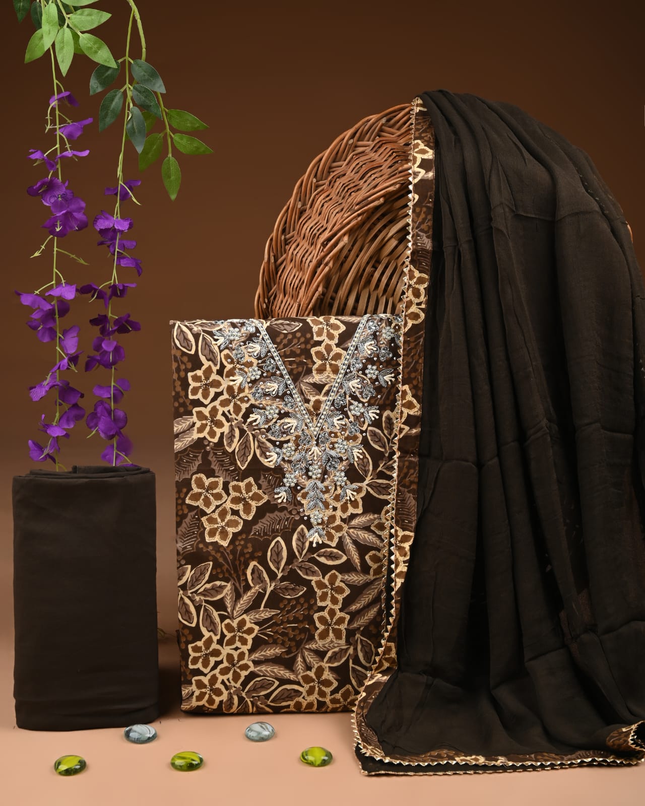 Organic Cotton Gota Patti Work Suit With Chiffon Dupatta