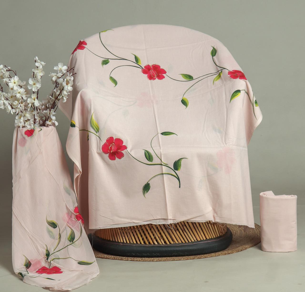 Premium Hand Print Cotton Suit With Chiffon Dupatta