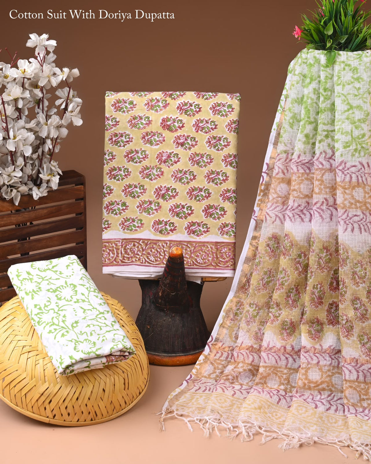 Hand Block Print Organic Cotton Suit With Kota Doria Dupatta
