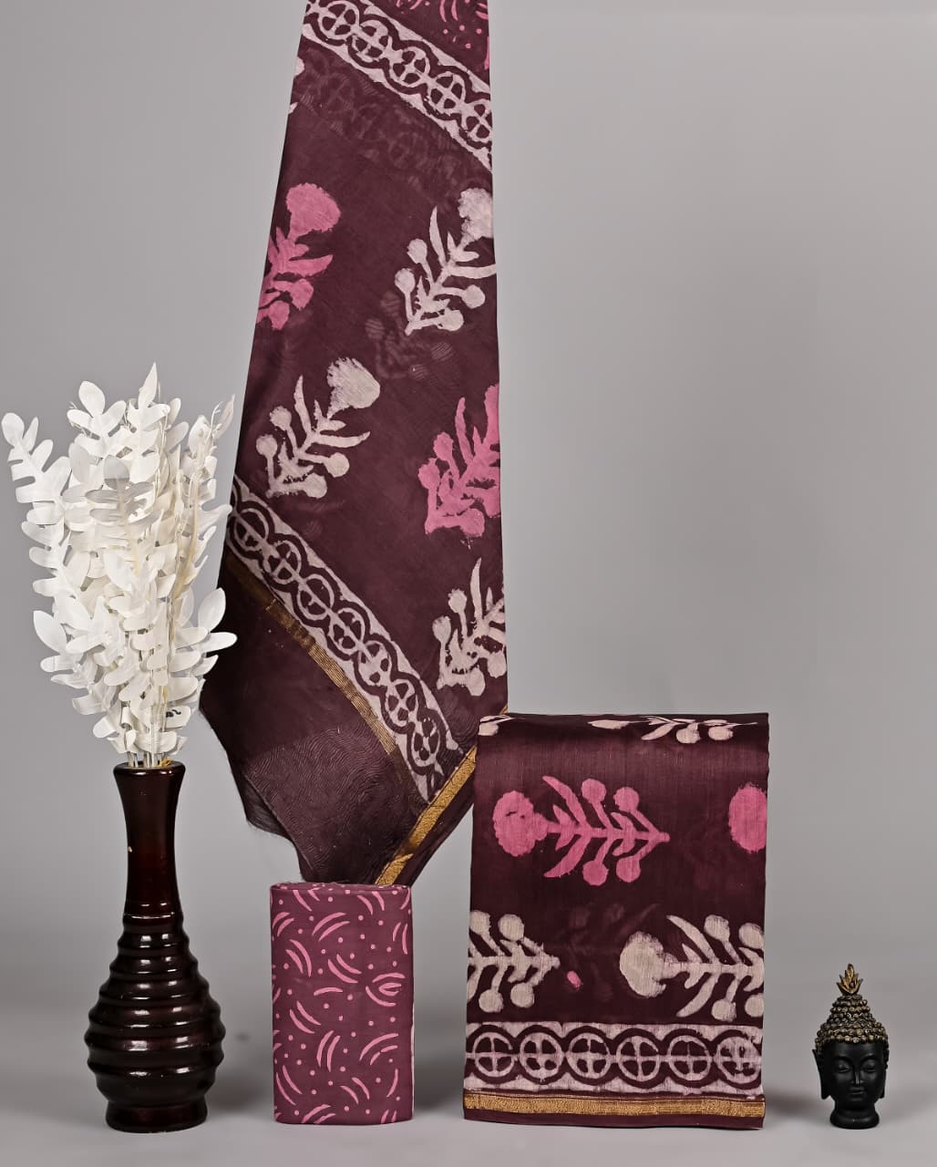 Hand Block Print Chanderi silk White Suit Set